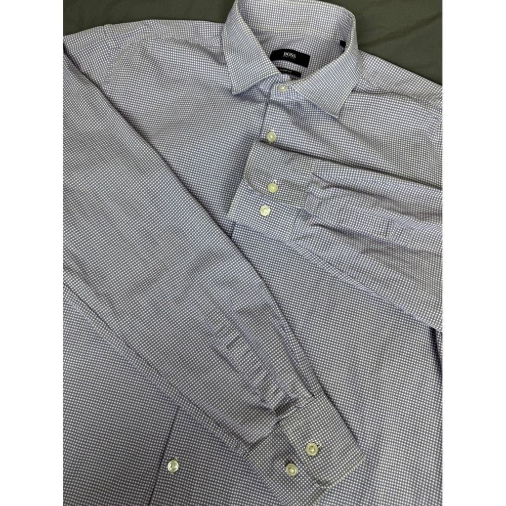 Hugo Boss Sharp Fit Dress Shirt Mens 16 34/35 Light Purple Gingham Cotton